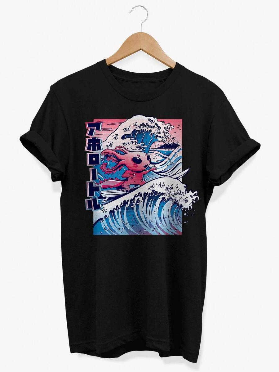 Camiseta Kawaii Axolotl Surfing con estampado Vaporwave japonés. Camiseta unisex de algodón puro de 220 g. Peso ideal para todas las estaciones, apta tanto para hombres como para mujeres. Tejido duradero de alta calidad, suave al tacto y de larga duración. Prenda transpirable, ideal para el otoño y las vacaciones. - Negro - Ver 1