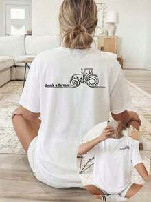 Camiseta de manga corta con cuello redondo para mujer, ideal para vacaciones de verano, con un estampado de tractor y el texto "Gracias a un agricultor". Lavable a máquina, adecuado para uso casual, ropa multiusos, moderna y tipo camiseta, material cómodo, 100% algodón. - Blanco - Ver 11