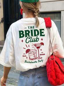 Minimalist Casual Shirt "Bride Club" Camiseta de manga corta holgada con estampado de cóctel, top casual con patrón de fiesta estético, cuello redondo, regalo para dama de honor de fiesta de novia, fin de semana de vacaciones, blancoplayeras de mujer - Blanco - Ver 5