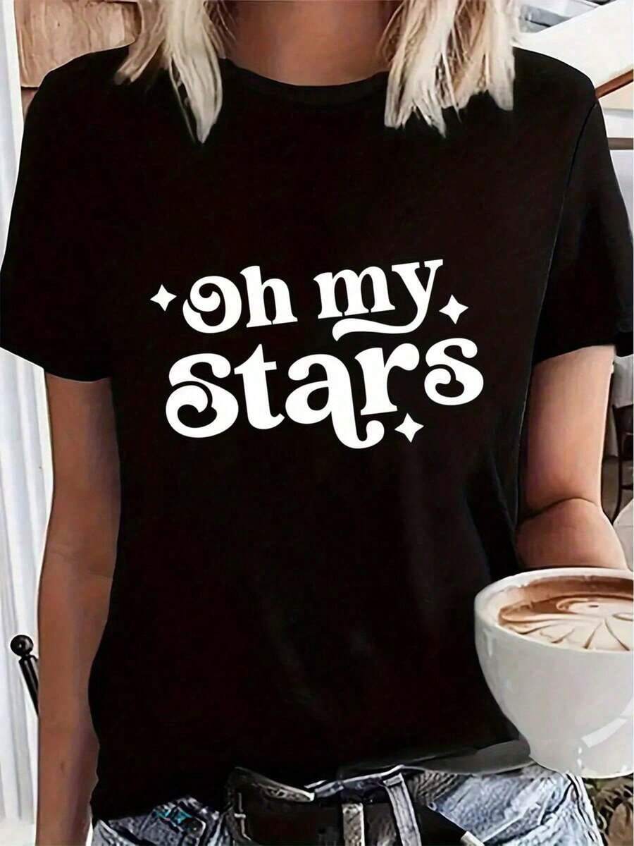 Algodón Camiseta Estampada Oh My Stars % Algodón, Talla, Cuello Redondo, Ligeramente Elástica, Manga Corta, Informal, Para Mujer blusas para mujer camisa - Negro - Ver 1