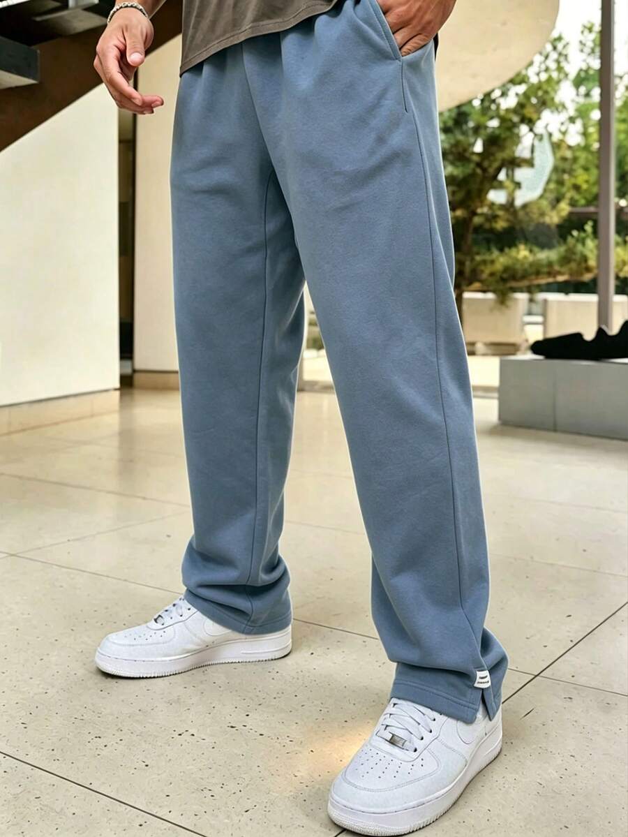 Men's Side Slit Straight Leg Casual Sweatpants, Drawstring Waist Loose Fit Sports Trousers - Blue - View 1