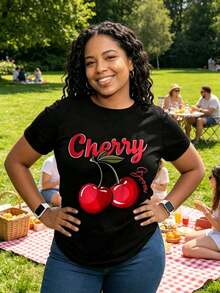 Retro Cherry T-Shirt With Cherry Graphic Print, Casual T-Shirt, Y2K Aesthetic Gift. - Unisex Vintage Urban Style T-Shirt, Cotton, Short Sleeve, Round Neck And Loose Fit. - 黑色 - 查看 2