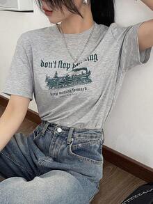 Camiseta de manga corta de corte holgado para mujer con estampado de eslogan y cuello redondo para el verano, camisetas gráficas, ropa de vuelta al colegio - Gris - Ver 4