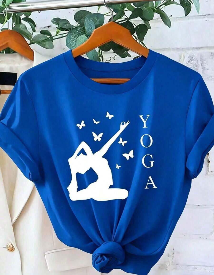 Camiseta Gráfica para Mujer con Estampado de Letras y Gestos de Yoga, Estampado de Mariposa con la Palabra YOGA, Manga Corta para Vacaciones de Verano, Estilo Deportivo Casual, Elegante, Vintage, Holgada, Adelgazante y Versátil, 100% Algodón - Azul - Ver 1