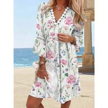 Colorful Women's Dress With Boho Print, V-Neck With Ruffles, Elastic Long Sleeves, Comfortable Loose Fit Ideal For Spring And Summer, Casual Hippie Style Perfect For Parties, Beach Vacations And Outdoor Events - 淺粉色 - 查看 6