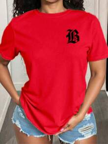 Playera básica mujer dama cuello redondo manga corta estampado de letras LB gotico Camisetas gráficas de manga corta de ajuste casual y delgado para mujeres casual algodón Textura Suave Fortiz2026 - Rojo - Ver 6