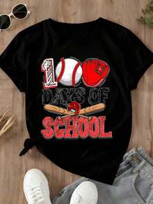 Camiseta Vintage para Mujer, Estampado Gráfico con Temática de Béisbol "100 Días de Escuela", Top Casual para Niñas y Mujeres, Camiseta Gráfica - Negro - Ver 2