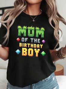 Camiseta de manga corta de cuello redondo para mujer, estilo pixelado con texto "MOM OF THE BIRTHDAY BOY", para primavera-verano, regalo informal para compras o vacaciones, atuendo para reuniones de amigos, blusas para mujer, playeras de mujer, tops, blusa, top, playeras. - Negro - Ver 6