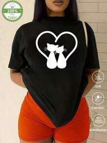 Camiseta de cuello redondo y mangas cortas de ropa fashion, fabricada en México, para la temporada primavera-verano 2025. Con estampado de dibujos animados, es un modelo de pareja, apta para usar tanto por dentro como por fuera, ideal para oficina y estilo casual, diseñada para hombres y mujeres, en unidad individual. - Negro - Ver 1