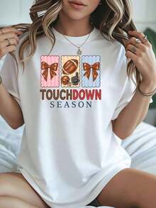 Camiseta Gráfica para Amantes del Fútbol Americano Temporada 2026Touchdown para Mujer, Ropa Casual de Otoño e Invierno, Camiseta para Fanáticos del Deporte con Diseño de Lazo y Casco, Camiseta Genial para Mujer - Blanco - Ver 1