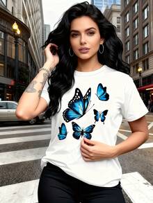 [Quanquan] Fashionable Butterfly Print T-Shirt - Short Sleeve, Crew Neck, Comfortable, Breathable And Soft, Perfect For Spring And Summer - Unisex Vintage Urban Style Loose Fit Cotton Short Sleeve Crew Neck T-Shirt - 白色 - 查看 3