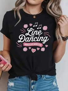 Soft, Breathable, And Lightweight For All-Day Comfort. Women's Vintage Dance Top - Casual Short-Sleeve Top With A Crew Neck And Western Dance Letter Print. This Spring/Summer Blouse Is Suitable For Parties, Dance Events, And Casual Wear. Machine Washable. The Classic Crew Neck And Relaxed Fit Flatter All Body Shapes And Are Easy To Pair With Jeans, Shorts, And Leggings. - 黑色 - 查看 3
