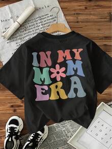 Camiseta con estampado gráfico, de manga corta y cuello redondo, top casual para verano y primavera, ropa de mujer - Negro - Ver 3