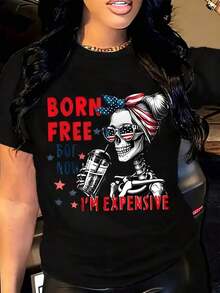 Camiseta de manga corta para mujer, estilo casual, corte holgado, cuello redondo, con gráfico de esqueleto patriótico y texto "Nací libre, pero ahora soy caro" para la celebración del Día de la Independencia y uso diario en verano. - Negro - Ver 7
