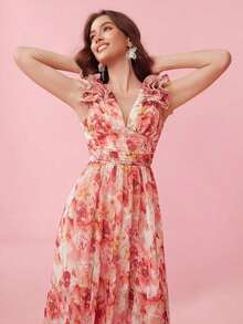 Mujeres elegante vestido estampado dividido (patrón aleatorio) - Amarillo - Ver 10
