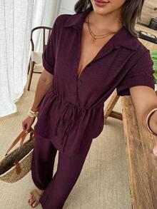 Conjunto de 2 piezas de camisa y pantalones de unicolor con cordón en la cintura, estilo casual de verano - Burdeos - Ver 3