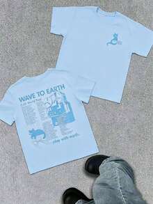 WAVE TO EARTH Play With Earth Letters Kitten Print Men's T-Shirt, Simple Art Harajuku Style, Band Music Kitten T-Shirt, Fashion Casual Loose Men And - 淺藍色 - 查看 1