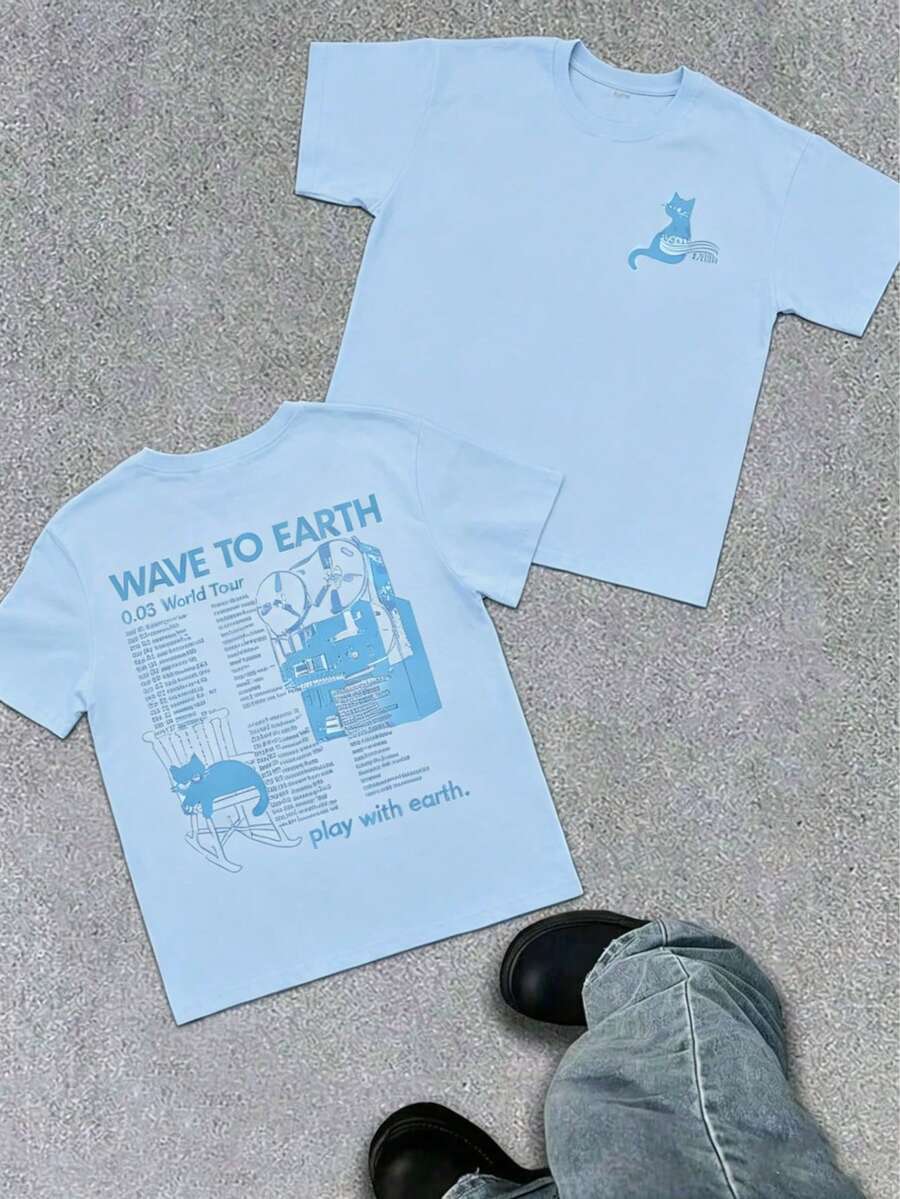 WAVE TO EARTH Play With Earth Letters Kitten Print Men's T-Shirt, Simple Art Harajuku Style, Band Music Kitten T-Shirt, Fashion Casual Loose Men And - 淺藍色 - 查看 1