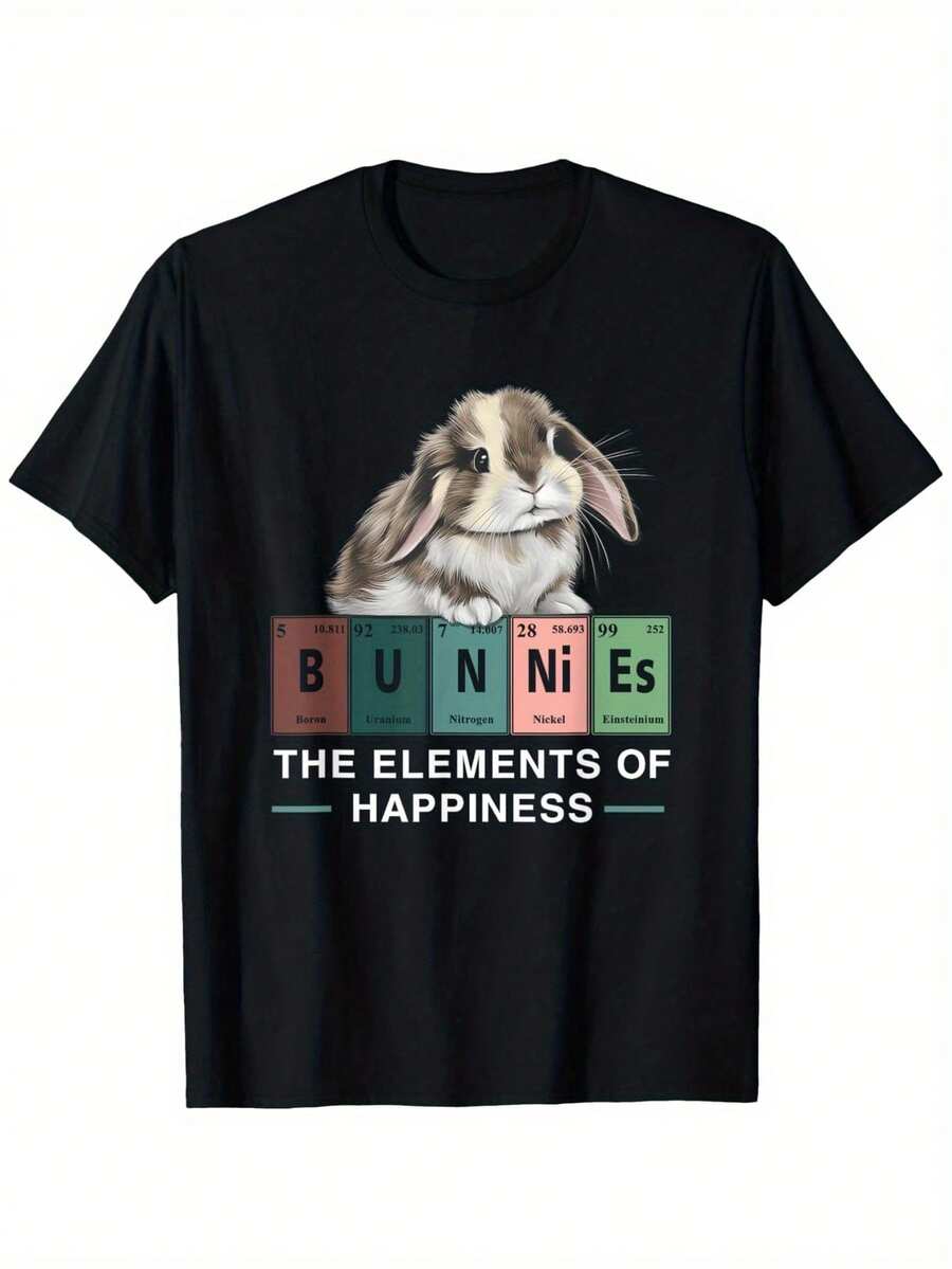 Elements Of Happiness Mini Holland Lop Bunny Rabbit Lover T-Shirt Men's Casual Cotton T-Shirt - Black Graphic T-Shirt 100% Soft Cotton - 黑色 - 查看 1
