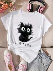 Fashionable Summer Clothes For Women, T-Shirts, Summer Clothes For Women, T-Shirts For Teenage Girls, Black Graphic T-Shirts, Round Neck And Short Sleeve, Casual, Comfortable, Fashionable, Minimalist, Versatile, Creative, Fun, Anime Style, Letter Print, Graphic T-Shirts For Women, Daily Wear Sets For Women, Cute, Printed. - 白色 - 查看 6