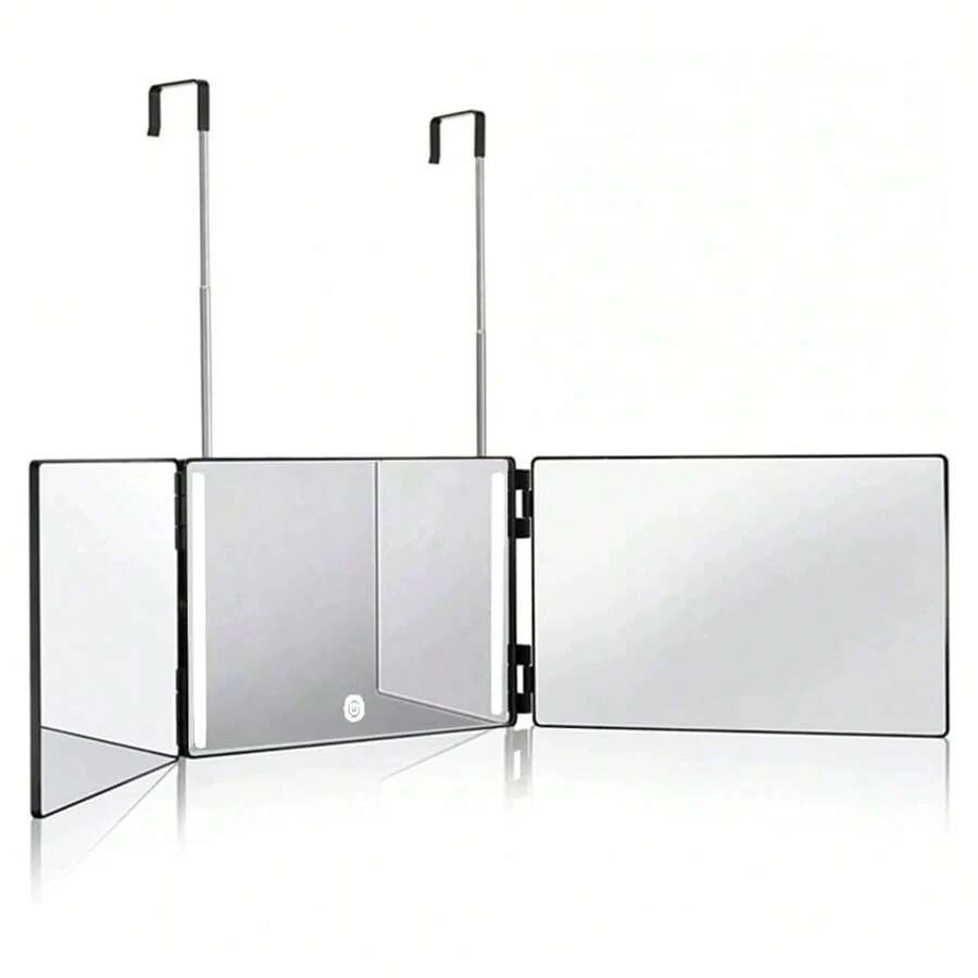 BANBERS Three-Sided Grooming Mirror, 360-Degree Tri-Fold Design With Height-Adjustable Telescopic Hook, Dual Fixed Pins For Height Adjustment, Triple-Purpose Mirror For Shaving And Makeup Application, Home DIY Grooming Tool