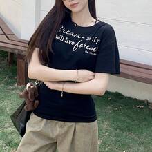 Camiseta Retro de Manga Corta para Mujer con Estampado de Letras para Comodidad y Estilo, Camiseta de Algodón, Ropa Casual - Negro - Ver 4