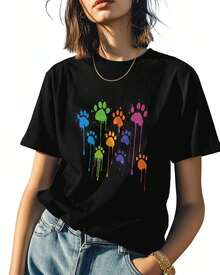 Colorful Dog Paw Prints Womens Tshirt Graphic Tees Cotton Crew Neck T-Shirts, Casual Short Sleeve Shirts for Women Teen Girl Animal Footprint - Negro - Ver 5
