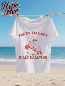 Camiseta de manga corta blanca de cuello redondo, holgada y multifuncional para mujer, con estampado 'Lamb Dilly', ideal para vacaciones casuales de verano, top moderno para uso diario, adecuada para el uso cotidiano, camiseta fresca de verano, estilo unisex. - Blanco - Ver 5