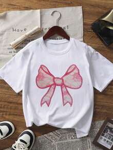 1 Piece Short Sleeve T-Shirt With Faux Lace Bow Print For Teenage Girls, Casual Youth Clothing For Students, Summer Top For Girls Ready To Play, Women's T-Shirt. - 白色 - 查看 4