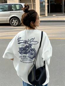 Limited Edition: Women's Short Sleeve T-Shirt With Retro Motorcycle Letter Print, Round Neck, Loose Fit, Lightweight Cotton, Summer Basic Fashion - 白色 - 查看 12