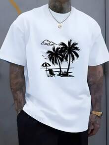 1 Men's Tropical Stretch Cotton T-Shirt - Loose Fit Short Sleeve Beach T-Shirt With Palm Tree And Surfboard Design, Casual Summer Vacation T-Shirt, Ideal For Swimming And Outdoor Activities - 白色 - 查看 5