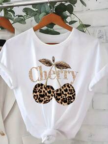 Ropa casual esencial, hermosa y a la moda para mujer, con estampado de leopardo y cerezas, transpirable, suave, para deportes, fiestas, linda, elegante, de moda, para el hogar, casual, de cuello redondo, manga corta, de algodón suave, para uso diario en verano. - Negro - Ver 7