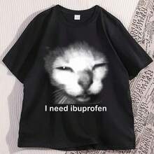 Camiseta femenina "Necesito ibuprofeno" con estampado de gato, camiseta informal de manga corta de algodón puro con un divertido estampado retro de gato, camiseta unisex con un divertido estampado de gato. - Negro - Ver 2
