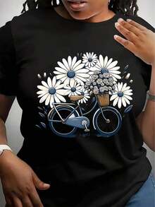 Camiseta Casual de Manga Corta para Mujer - Estampado Floral y de Bicicleta, Transpirable para Primavera y Verano, Lavable a Máquina, Corte Regular, Diseño Inspirado en la Naturaleza - Negro - Ver 6