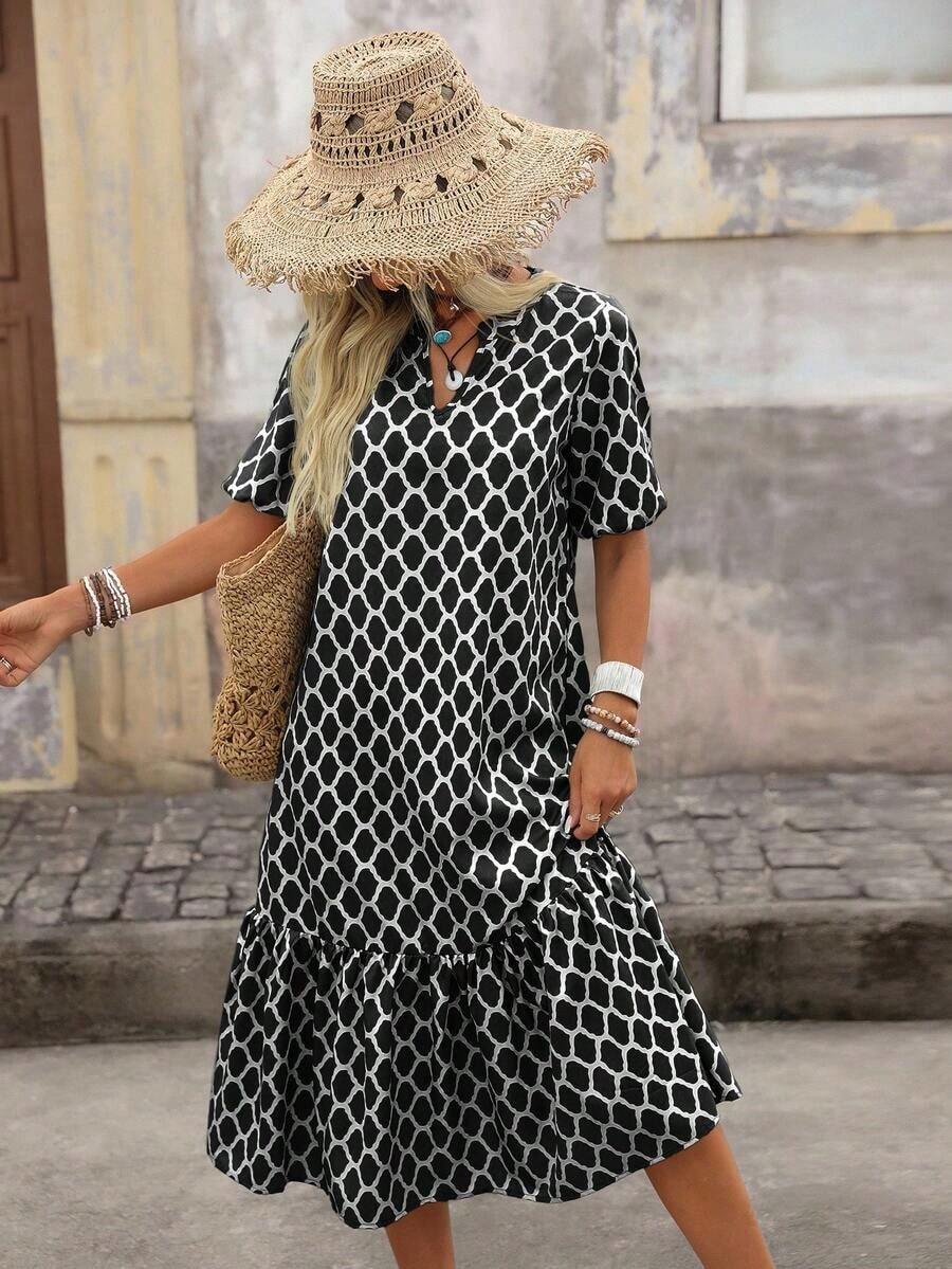 Vestido de mujer con cuello con muescas, volantes en el bajo y mangas cortas - Blanco y Negro - Ver 1