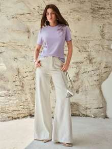PREMIUM CAMISETA DE MUJER CON BORDADO FLORAL DE LENTEJUELAS - Morado - Ver 6