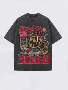 Cowboy Appeal: Becoming A Western Cowboy Is Something To Be Proud Of. This Modern 230g Washed Cotton T-Shirt Features A Casual Retro Western Cowboy Print. - 灰色 - 查看 7
