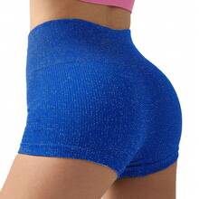 Pantalones cortos de Yoga de cintura alta para mujer, pantalones cortos ajustados de alambre plateado para gimnasio, ejercicio, mallas sexis para realzar la cadera, pantalones de Yoga de tres puntos a la moda - Azul - Ver 1