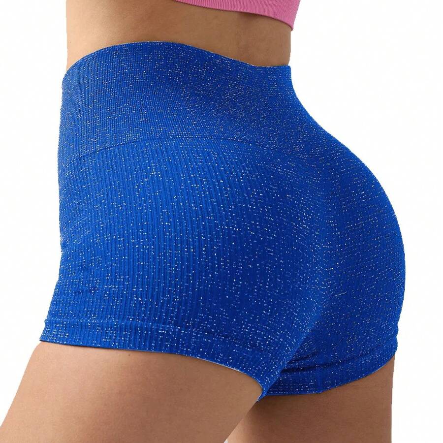Pantalones cortos de Yoga de cintura alta para mujer, pantalones cortos ajustados de alambre plateado para gimnasio, ejercicio, mallas sexis para realzar la cadera, pantalones de Yoga de tres puntos a la moda - Azul - Ver 1