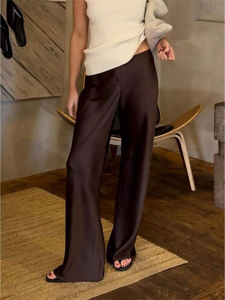 Women's Casual Wide Leg Dress Pants Elastic Waist Solid Color Satin Pants Work Trousers - Marrón - Ver 1