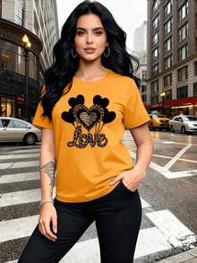 A Combination Of Wildness And Tenderness, This Black Heart-Shaped Balloon Pattern Print With Leopard Print Is Fashionable And Stylish. This Simple, Casual, Round-Neck, Short-Sleeved Women's T-Shirt Is Suitable For Activities Such As Leisure, Tourism, And Vacations. 13419 - Daily Wear, Easy To Wash And Maintain - 橘色 - 查看 2
