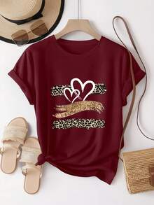 Glitter Heart Print T-Shirt With Leopard Print Design,  And Breathable, Suitable For Family Trips, School Activities, Casual Sports, Daily Commutes, Matching Sister Outfits, Versatile T-Shirt. 9XO7 - 紅色 - 查看 4