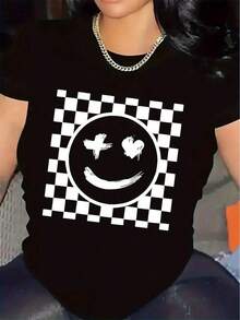 100% cotton Camiseta de manga corta para mujer con diseño de cuadros moderno y estampado de cara sonriente para el verano - Negro - Ver 2