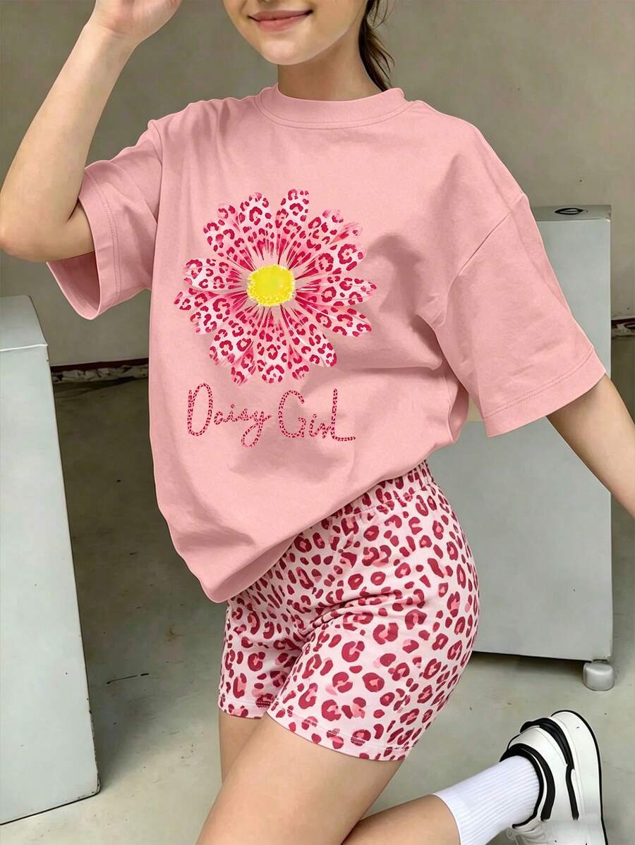 青少年女孩套裝 粉色休閒圓領T恤搭配全滿粉色豹紋印花短褲,飾有獨特創意粉色豹紋雛菊圖案 - 粉色 - 查看 1