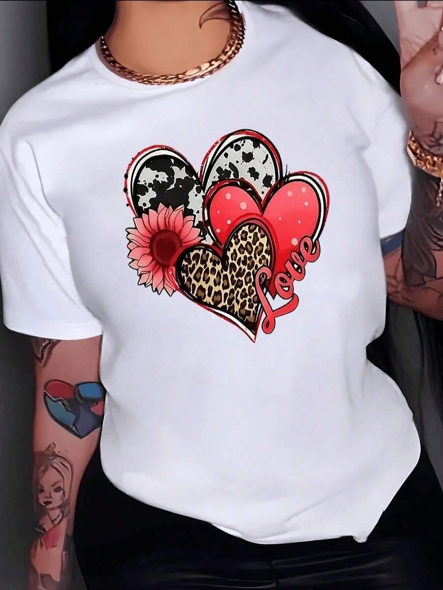 Intertwined Hearts With Animal Pattern And Pink Flower Symbolizing The Strength Of Love And Feminine Unity. Modern Casual Women's T-Shirt For Everyday Wear. - White - View 1