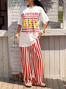 Conjunto informal de camiseta holgada y pantalones con textura mostaza para mujer - Blanco 2 - Ver 4