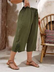 Pantalones capri informales de talla grande de un solo color - Verde militar - Ver 4