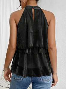 Blusa de gasa con volantes asimétricos y cuello suelto - Negro - Ver 2