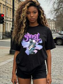 Women's Soft, Casual, Short-Sleeved T-Shirt With A Round Neck, Featuring A Retro Rock Band Guitarist Graphic Print, Suitable For Street Music Fans. Black. - 黑色 - 查看 2