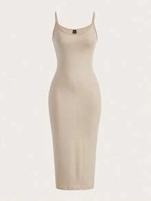 BASICS Vestido casual de cena y citas de unicolor con tirantes de espagueti y silueta ajustada - Albaricoque - Ver 1